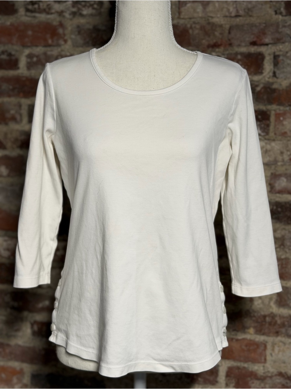 LL Bean Womens XS Supima Cotton 3/4 Sleeve Top Cream Ivory Side Button